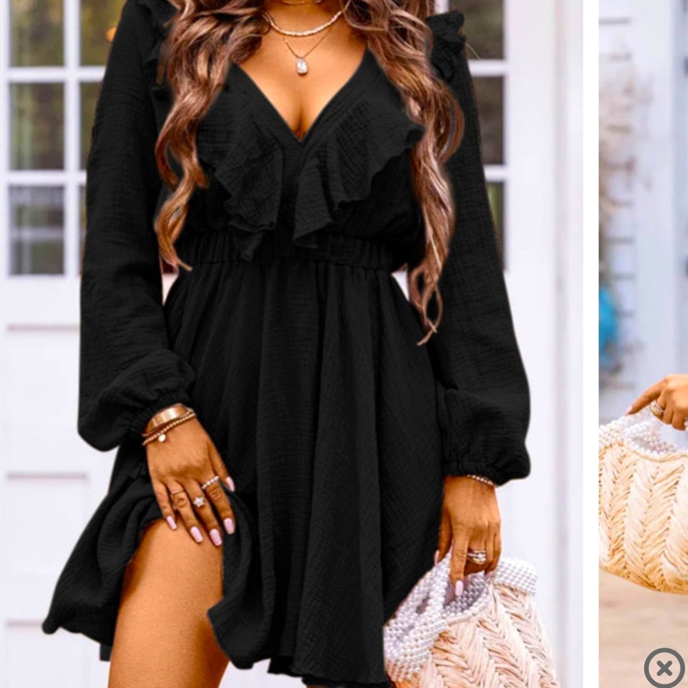 Black mid length ruffle long sleeve dress